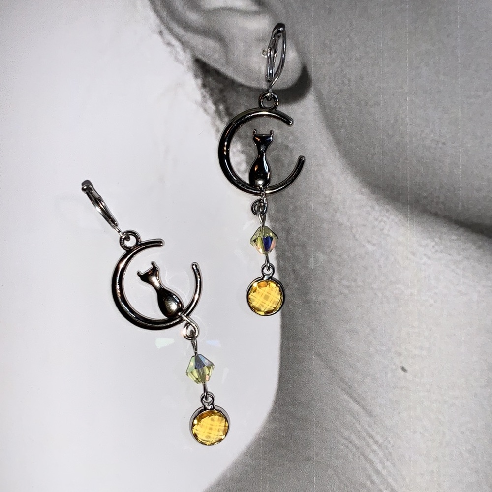 Cat in the Moon Drop Dangling w Yellow Czech Crystal w November Stone Earrings